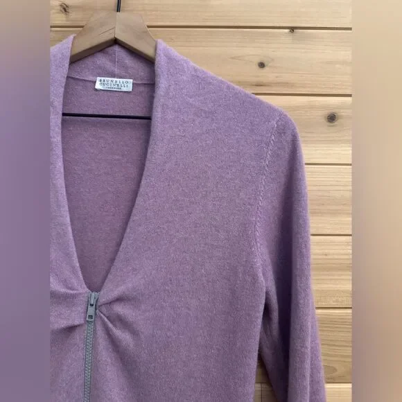 Brunello Cucinelli Size Medium Pink Purple Double Zipper Ruched Cashmere Sweater - Picture 5 of 14